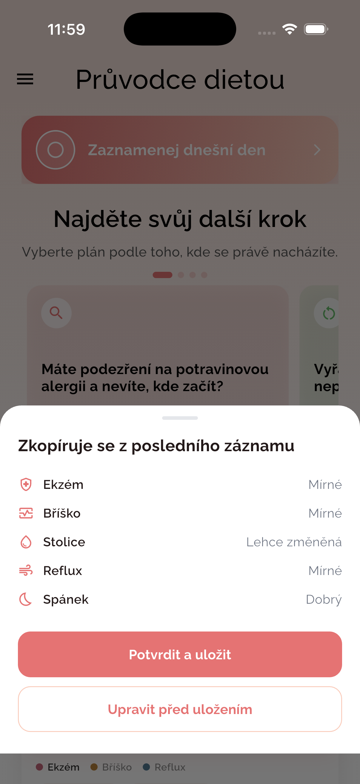Rychlý zápis příznaků – ekzém, bříško, stolice, reflux a spánek – v aplikaci Bejby bez alergií