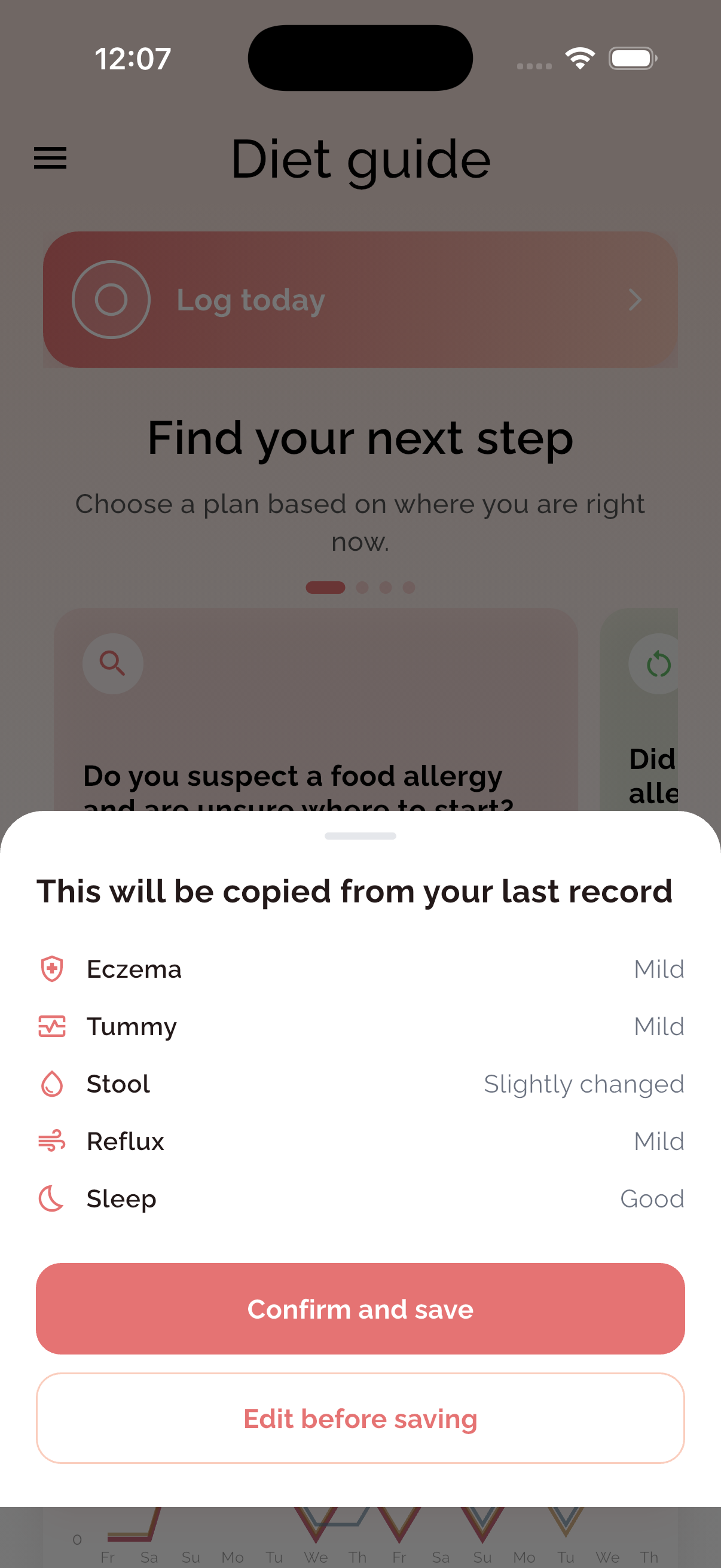 Quick symptom log – eczema, tummy, stool, reflux and sleep – in the Baby Without Allergies app