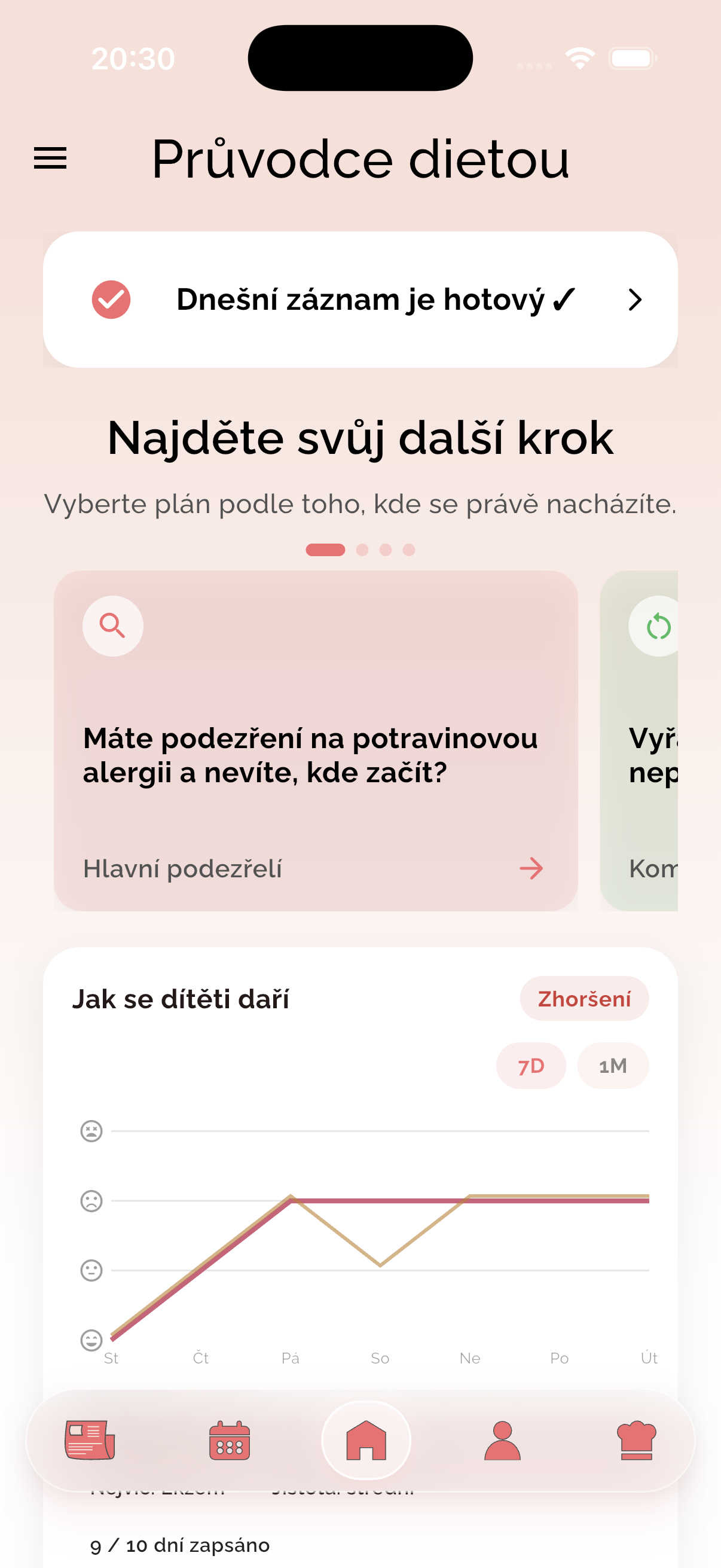 Průvodce dietou v aplikaci Bejby bez alergií – výběr dalšího kroku a graf, jak se dítěti daří
