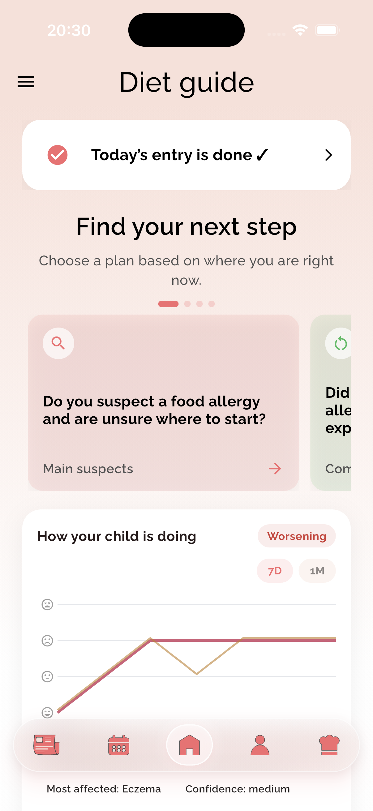 Diet guide in the Baby Without Allergies app – choosing your next step and a chart of how your child is doing